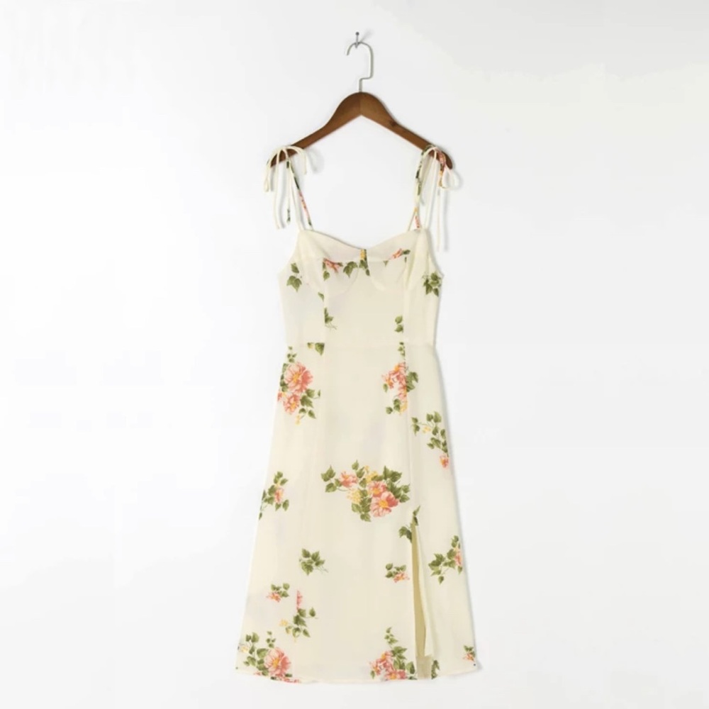 Floral Cream Dress with Pink and Green Accents